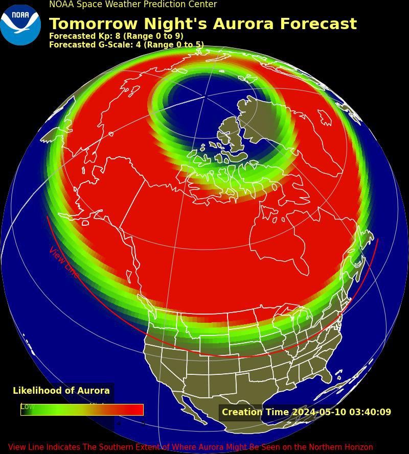 ICYMI, @NWSSWPC has issued the first G4 (Severe) geomagnetic watch since 2005. The aurora tomorrow may become visible over much of the northern half of the country, and maybe as far south as Alabama to northern California. swpc.noaa.gov/news/swpc-issu…