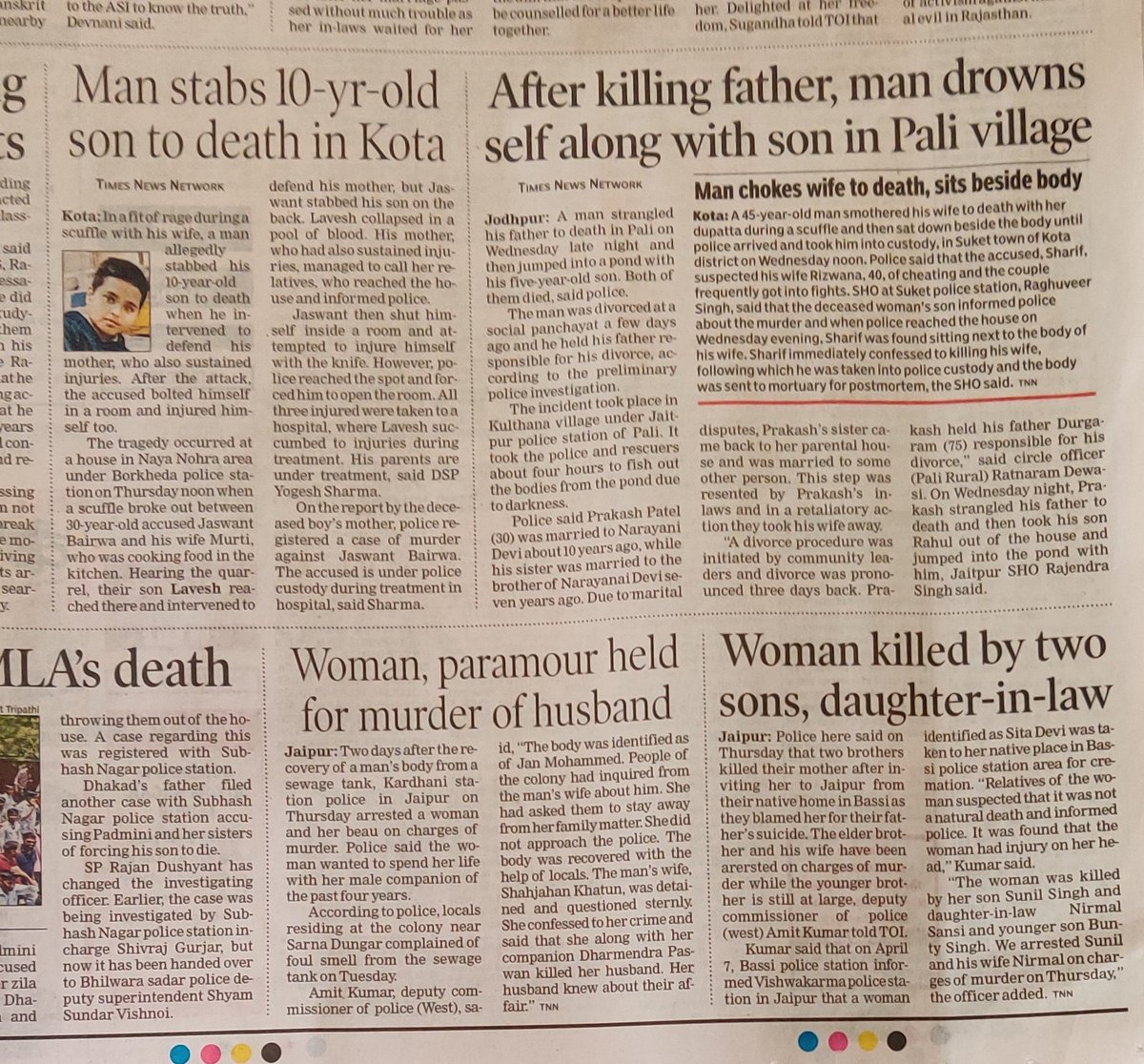 Where is humanity going... 1. Man kills son in Manpura 2. Man kills father in Pali 3. Man kills wife in Kota 4. Woman kills husband in Jaipur 5. Sons kill mother in Jaipur