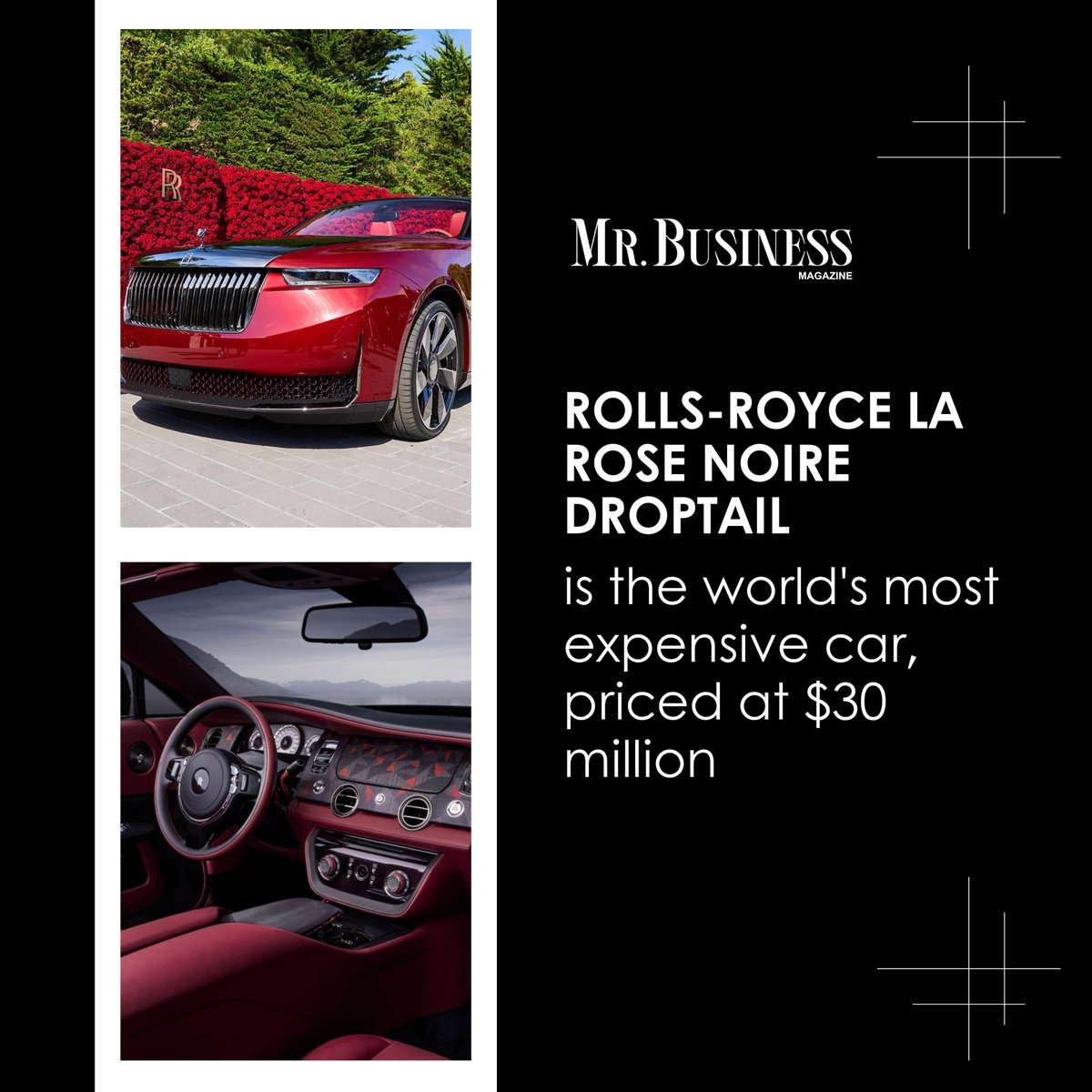 ✔Meet the world's priciest ride: the $30 million Rolls-Royce La Rose Noire Droptail.
For more information 
📕Read -mrbusinessmagazine.com

#RollsRoyce #LaRoseNoire #LuxuryCars #DreamRide #MillionDollarCars #Extravagance #UltimateLuxury #MrBusinessMagazine #ExclusiveRide