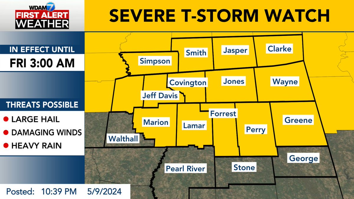 WDAMMaxThree's tweet photo. 🚨𝗙𝗜𝗥𝗦𝗧 𝗔𝗟𝗘𝗥𝗧🚨 SEVERE T-STORM WATCH: Conditions are favorable for severe t-storms. Take shelter immediately if a warning is issued.  Stay Tuned to WDAM and the WDAM 7 First Alert Weather App. https://t.co/b679lQ6h1l
