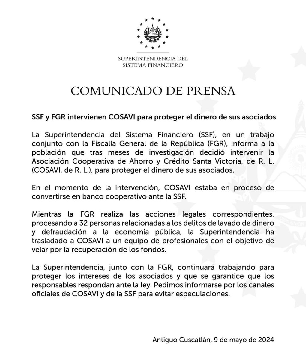 #EnDesarrollo | La Superintendencia del Sistema Financiero informa que en conjunto con la Fiscalía General de la República han intervenido la Asociación Cooperativa de Ahorro y Crédito Santa Victoria (COSAVI) “para proteger el dinero de sus asociados”.