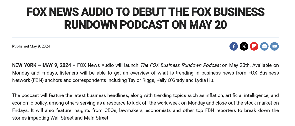 📻@FOXNews Audio will launch The @FoxBusiness Rundown Podcast on 5/20 Available on Monday & Fridays, listeners will be able to get an overview of what is trending in business news from (FBN) anchors & correspondents including Taylor @RiggsReport, @TheKellyOGrady & @LydiaHuNews