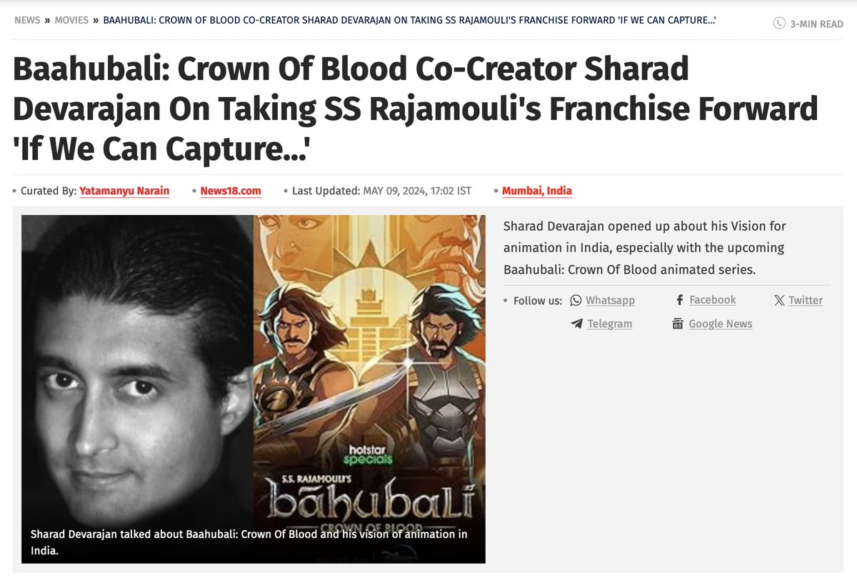 Sharad Devarajan, Co-Founder & CEO of Graphic India and co-creator, writer and producer of Baahubali: Crown of Blood on Disney+ Hotstar opened up about animation in the entertainment industry in the country. Read more here : news18.com/movies/baahuba…