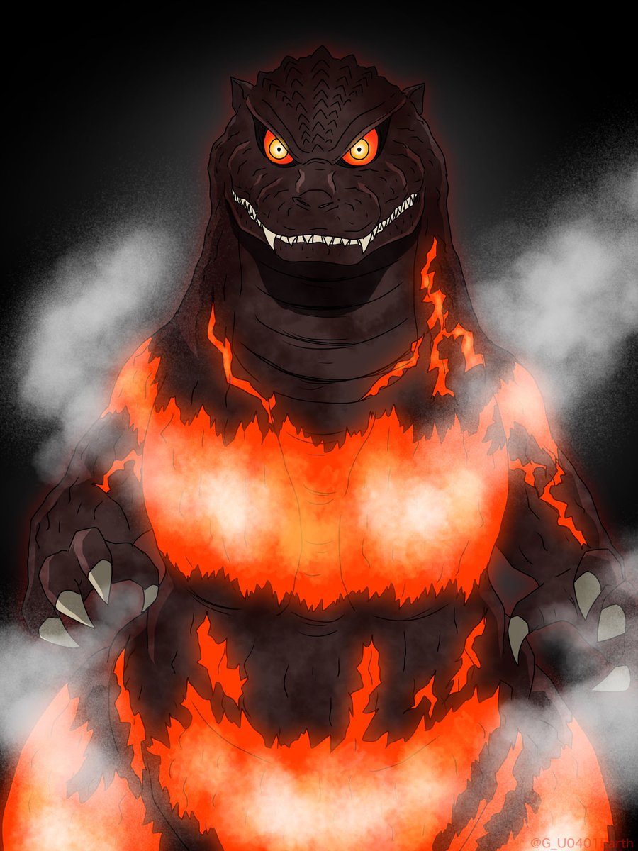 godzilla solo looking at viewer teeth orange eyes no humans sharp teeth black background  illustration images