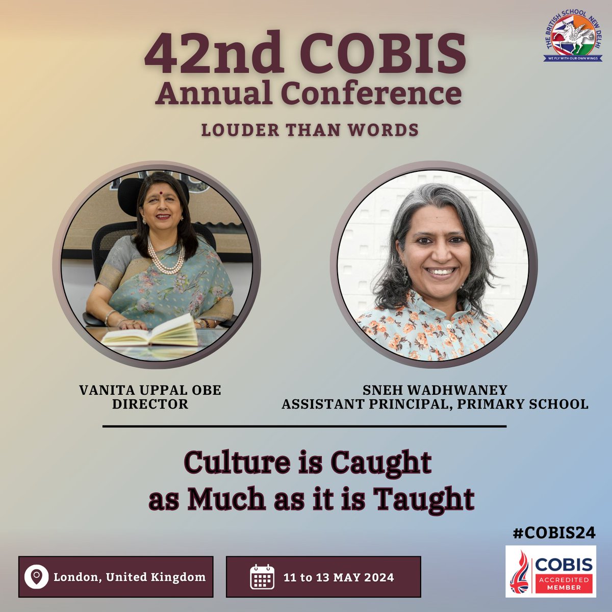 We are excited to share that both our Director, @VuppalTBS OBE, and @sneh_wadhwaney, Assistant Principal for Primary, will be speaking at the 42nd Annual @COBISorg Conference in London! They will be talking about how Culture is Caught as Much as it is Taught. #TBSDelhi #COBIS24