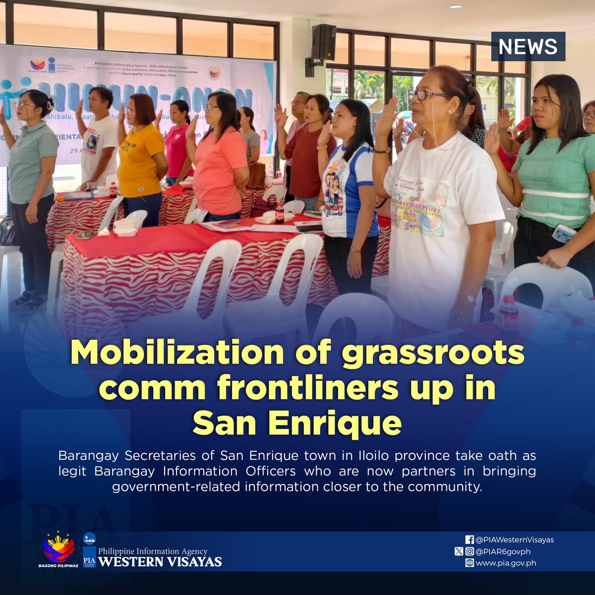 Barangay secretaries from San Enrique, Iloilo were  organized and inducted as Barangay Information Officers (BIO) with the aim of expanding the network of development communication at the grassroots level.

Read more: pia.gov.ph/news/2024/05/0…

#PIAWesternVisayas
#BagongPilipinas