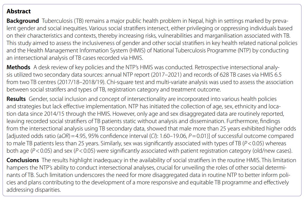 The inadequate social stratifiers in routine HMIS limits intersectional analyses needed to understand the roles of social determinants in health. Find more from our recently published article: idpjournal.biomedcentral.com/articles/10.11…