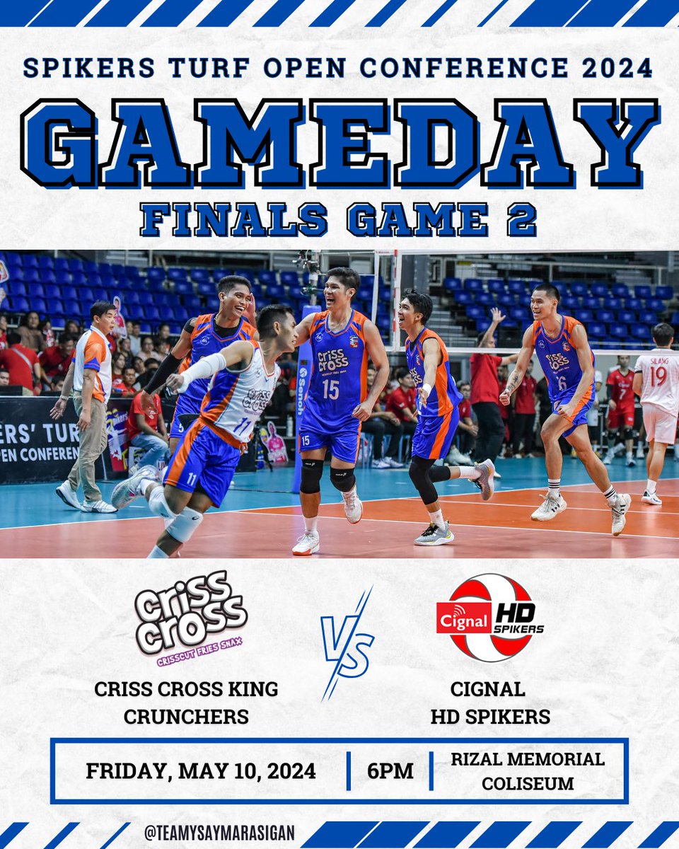 TeamYsay's tweet photo. GAME ON! 

Criss Cross King Crunchers will take on Cignal HD Spikers in GAME 2 FINALS at 6pm! 

#SpikersTurf #SpikersTurf2024 https://t.co/atiMv359xT
