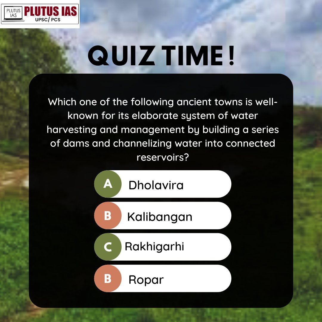 Can you guess which ancient town was famous for its advanced water systems, using dams and reservoirs to manage water?

Take your pick and test your knowledge! 
.
.
.
#plutusias #quiz #quizoftheday #upscquiz #questionoftheday #upsc #cse #trending #civilservices #explore #trend