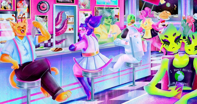 hi!! i'm GlRLPANIC, a boston-based illustrator who loves colorful environments, women in space, pinups, and OCs (mine or others)! you can also find me on Instagram at hydrocityzone 