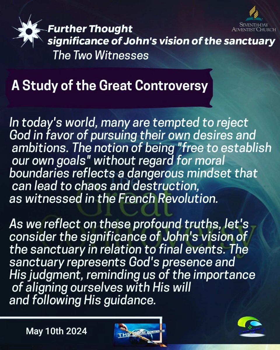 calvomacha's tweet image. Diving into thought-provoking insights from our study on the great controversy and John&apos;s vision of the sanctuary.Let&apos;s explore the impact of history, the consequences of rejecting God,and the significance of aligning with His will #SeekingTruth #ReflectingOnHistory #GodsGuidance