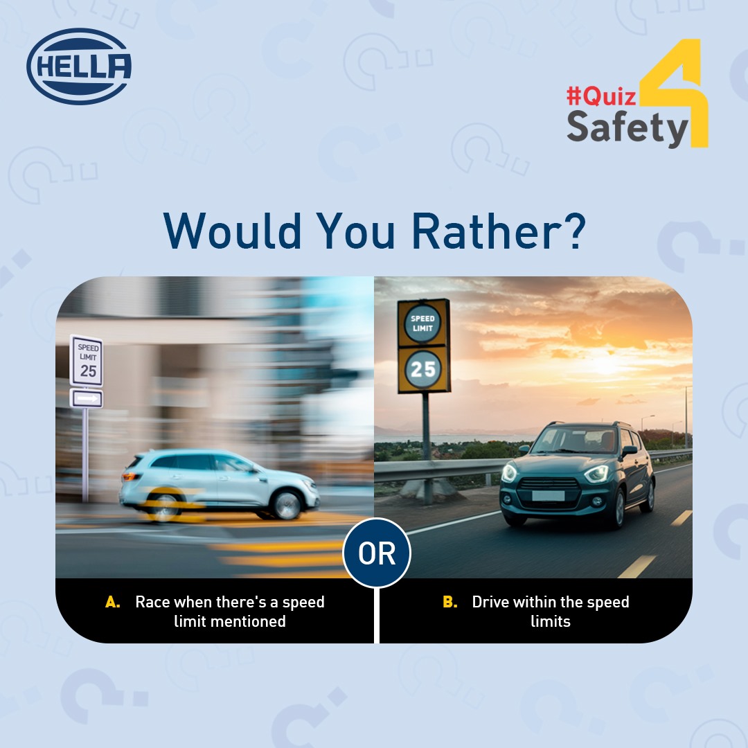 Safety first, fun comes later. What would you choose?

Comment your answers below, and tag your friends, encouraging them to make wise decisions.

#Quiz4Safety #RoadSafety #DriveSafe #RoadRiddle #HELLAIndia #Friday #AutomotiveAftermarket