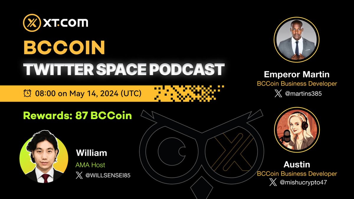 🎙️#XT & #BCCoin #TwitterSpace 📍 x.com/i/spaces/1drkz… 🗓 08:00 on May 14, 2024 (UTC) 💰 Giveaway: 40 BCCoin for 20 winners who complete the tasks below! ✅ Follow us & @XTExchangecn & @XT_updates & @BlackCardCoin ✅ Like&RT&Tag 3 friends ✅ Comment #XT_BCCoin below 💰More