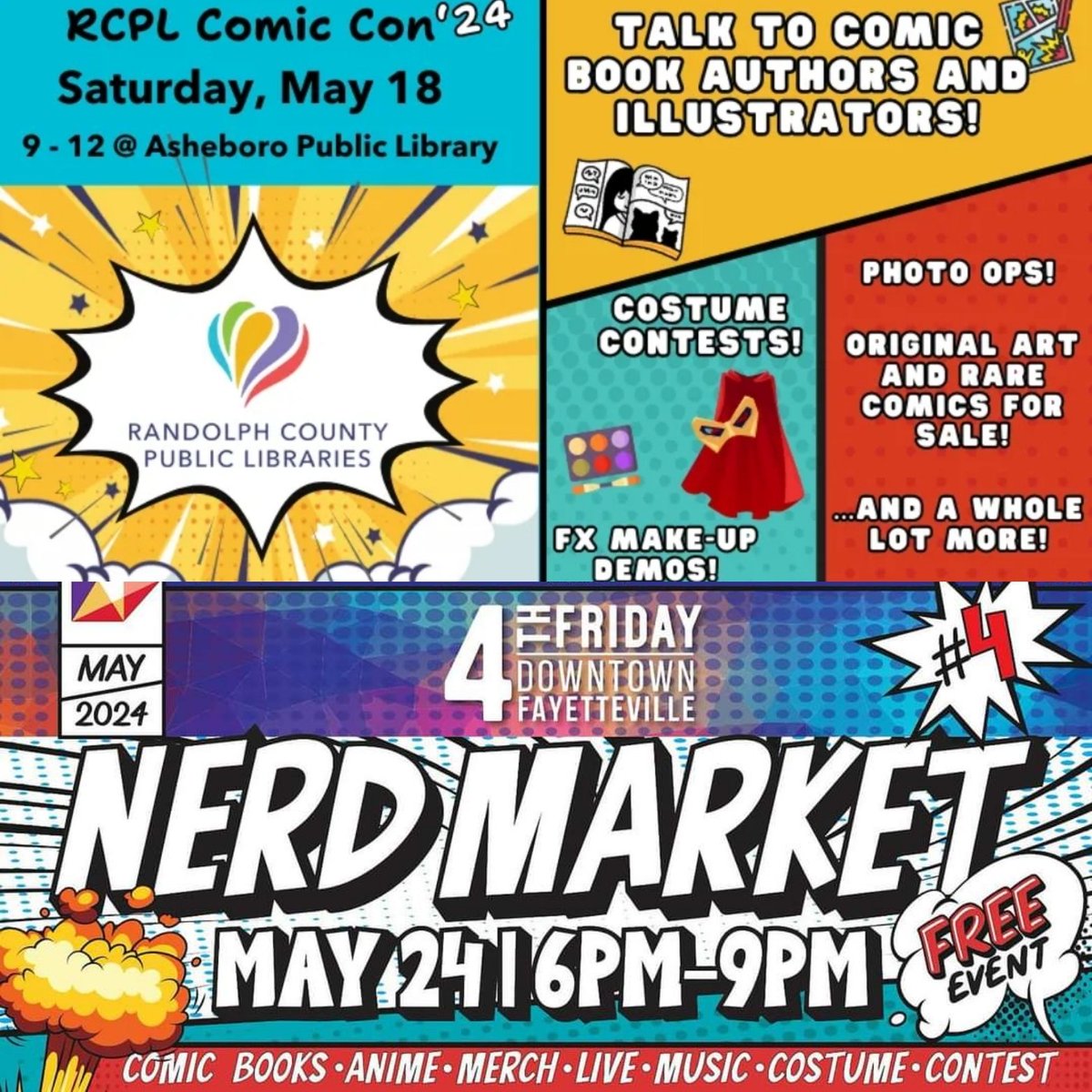 Two quick events coming up for Faith & Fandom in May! Randolph County Public Libraries Comic Con in Asheboro, NC on the 18th, and Nerd Market in Downtown Fayetteville, NC on the 24th!