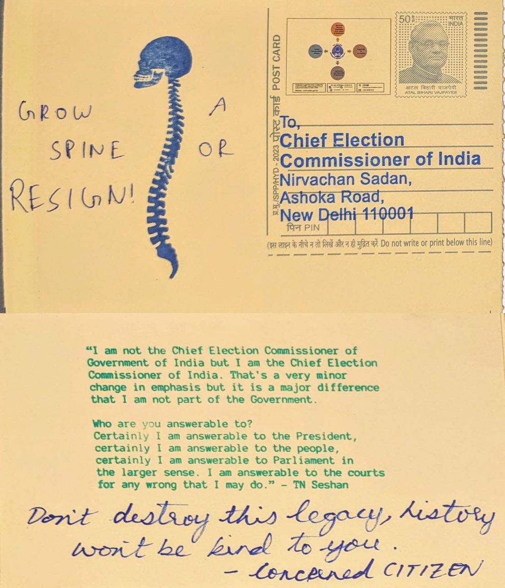 #Election2024 is a Janata Awaam Election! 11th May 2024, Saturday! GrowASpineOrResign*: nationwide call:remind ECI of their constitutional duties! Shake up an inept biased @ECISVEEP post a post card: #SaveConstitution #WeThePeooleofIndia At least a dozen locations countrywide!