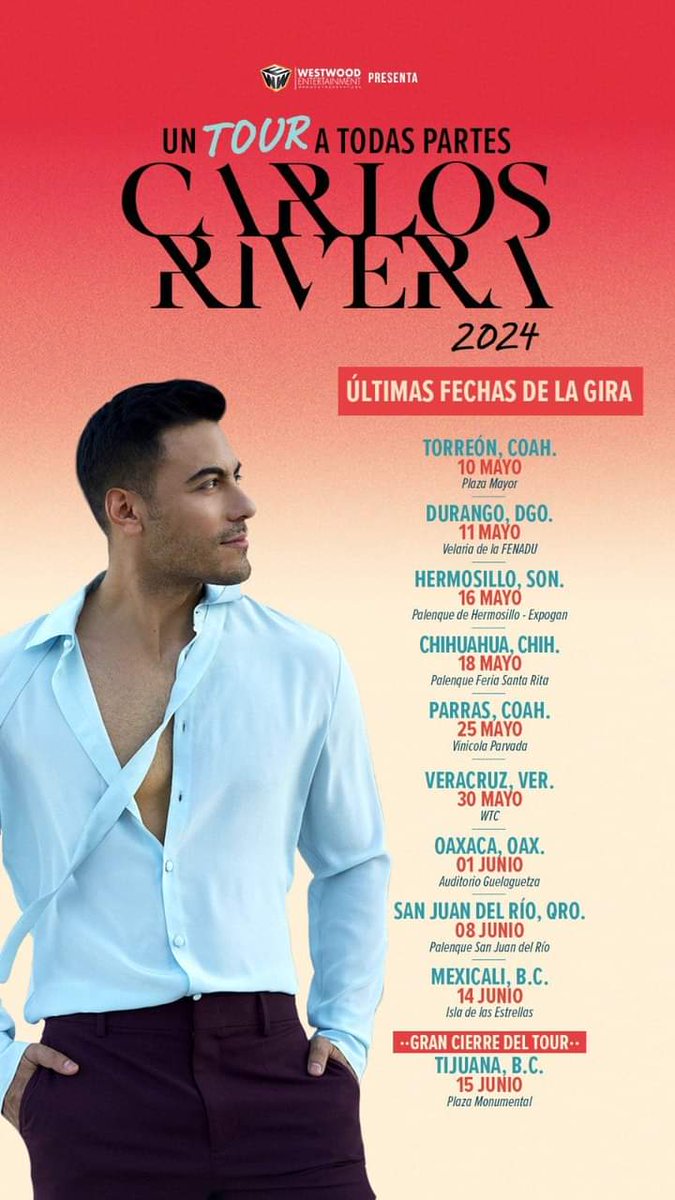 las últimas fechas de su gran #UnTourATodasPartes no te puedes quedar sin verlo !! 💙💙💙 @_CarlosRivera @_ClubSoloTu @ClubSoloTuTamps @WestWoodEntt @sonymusicmexico @mikenoriega