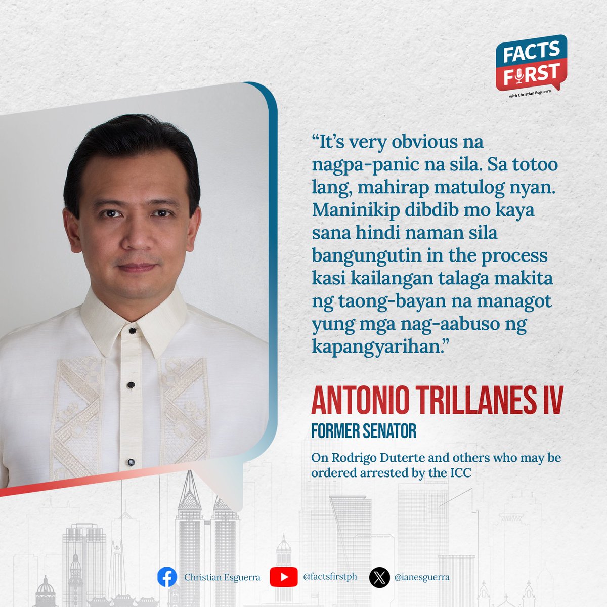 “It’s very obvious na nagpa-panic na sila.” - @TrillanesSonny on Duterte and others who may be ordered arrested by the ICC 

Watch our #factsfirst #recap here: youtube.com/live/NKRAXrOk6…