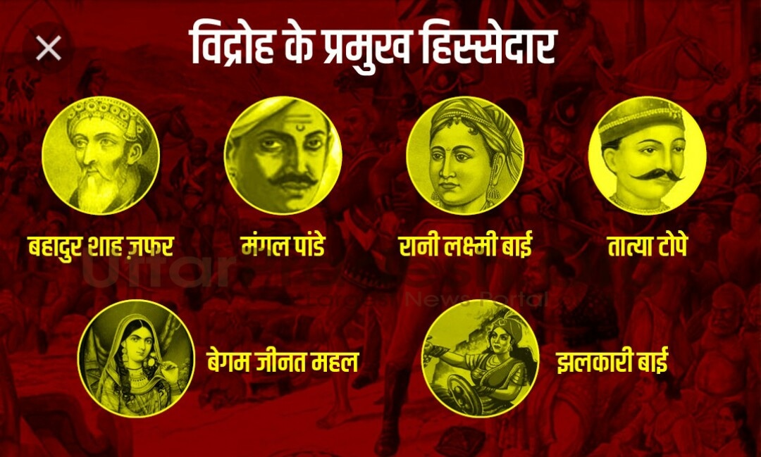 1857 विद्रोह.के.प्रमुख.कें हिस्सेदार रानी लक्ष्मीबाई बहादुर शाह ज़फ़र मंगल पांडे तात्या टोपे बेगम हज़रत महल झलकारीबाई 10 मई मेरठ भारतीय विद्रोह