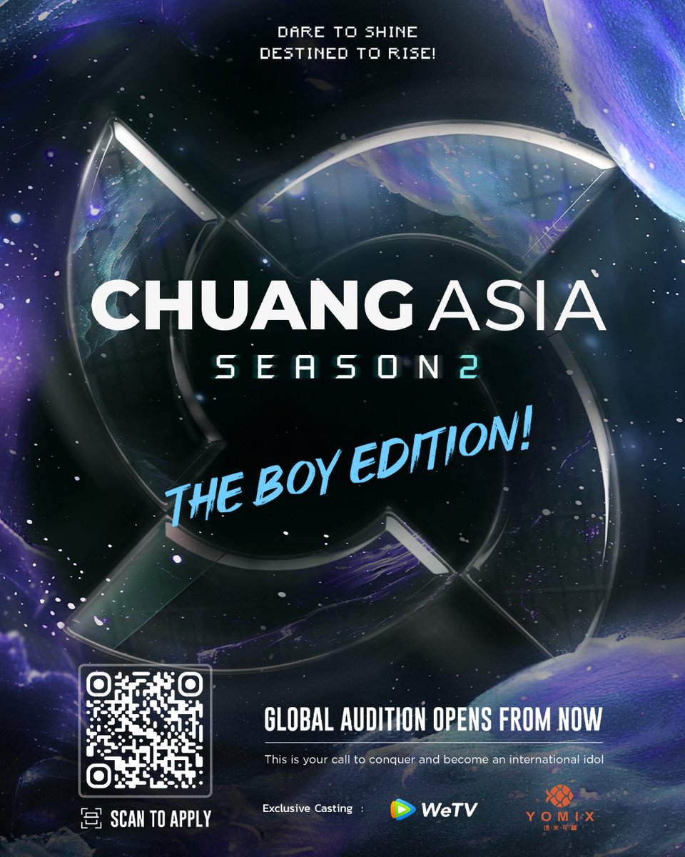 #CHUANGAsiaS2 #CHUANG_ASIA_GLOBALAUDITION starts now, we are welcoming applications from all around the world.

Requirements: male, any nationality, have talents in singing, rapping, dancing, performing, athleticism or other areas.

Application channel: chuangasia.wetv.vip/season2/index.…