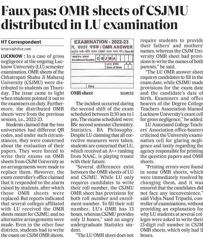 Hindustan Times: FAUX PAS: OMR sheets of CSJMU distributed in LU exam hindustantimes.com/cities/lucknow… For News on the go, Download HT app. Click htiphoneenglish.page.link/download
