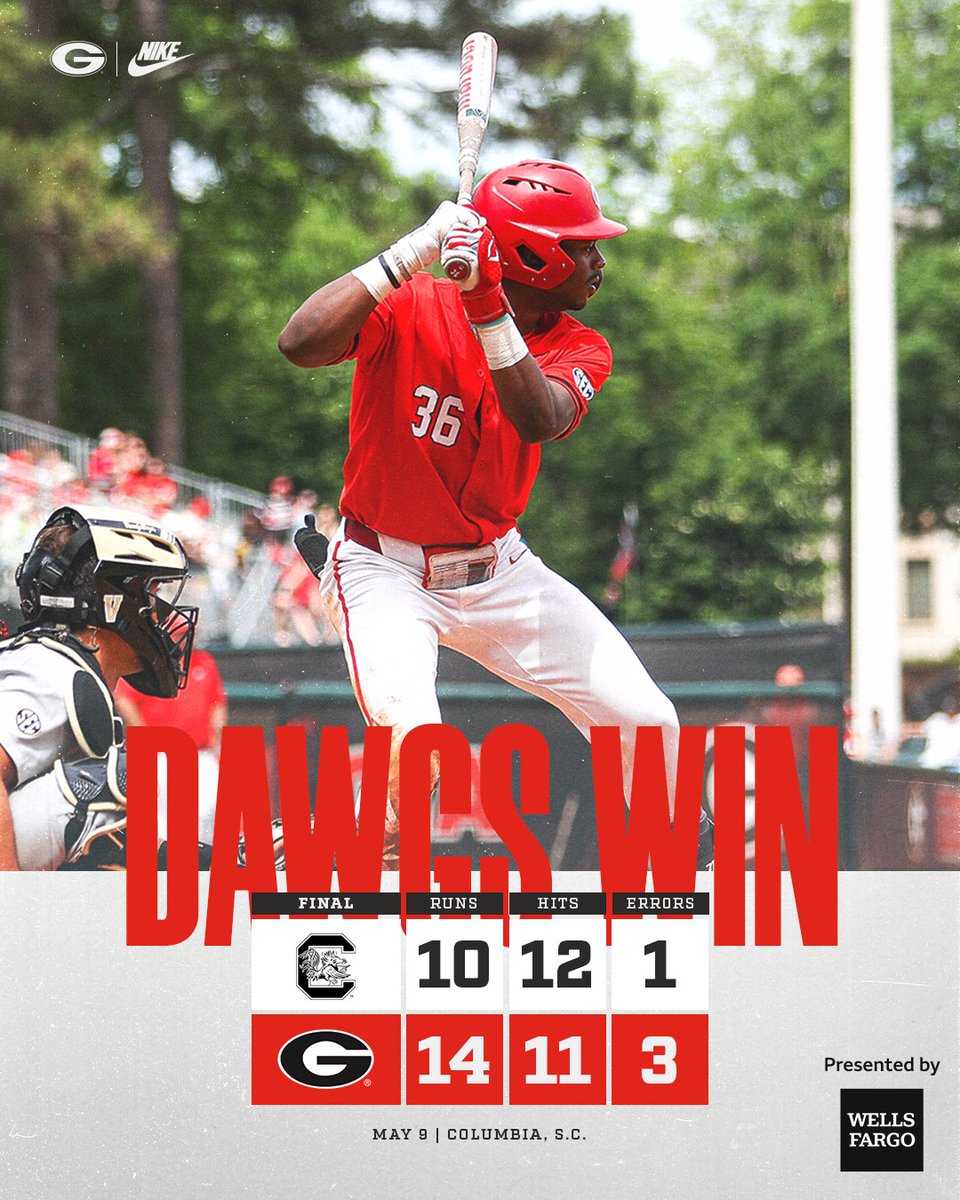 𝑹𝒊𝒏𝒈 𝒕𝒉𝒆 𝑩𝒆𝒍𝒍 Georgia claims the series opener over No. 14 South Carolina at Founders Park. #GoDawgs | @WellsFargo