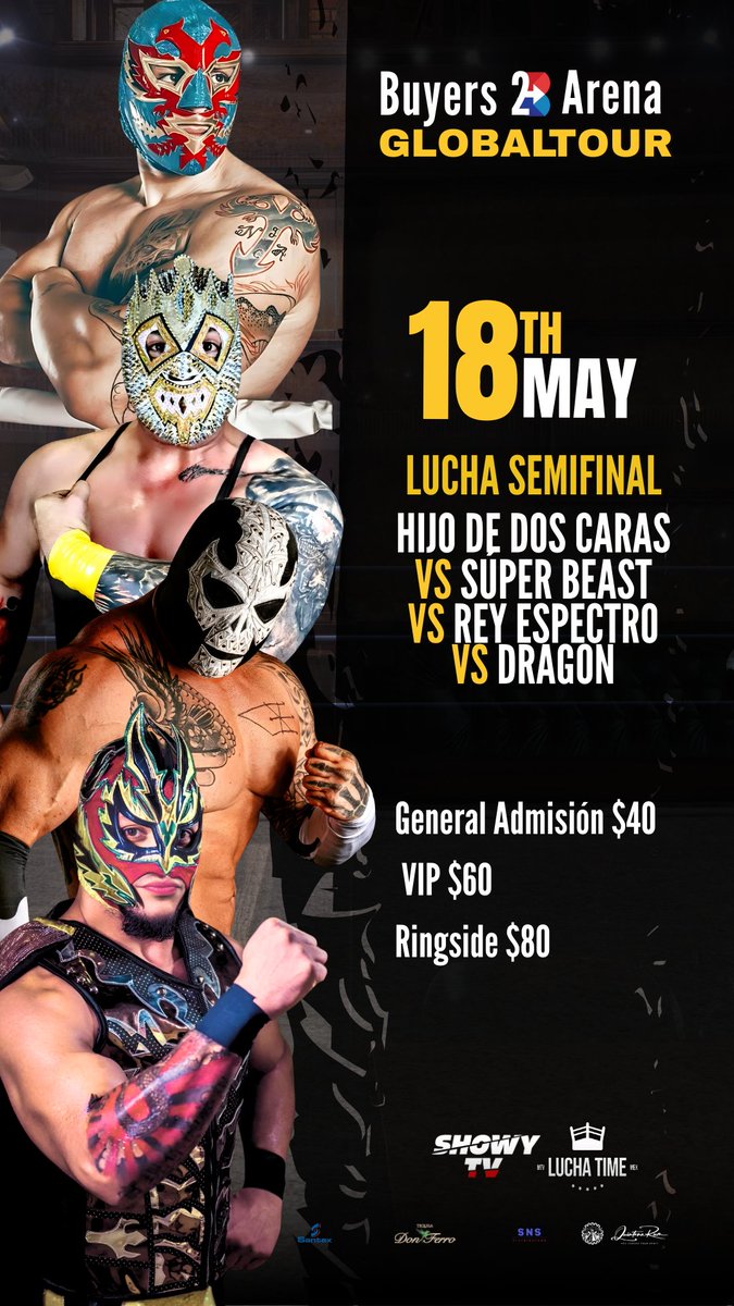 Semifinal del GlobalTour: Hijo de Dos Caras vs. Super Beats vs. Rey Espectro vs. Dragón
Cuatro guerreros entran al ring,📷 ¡No te quedes fuera! Consigue tus entradas ahora en buyers2b.com 
#GlobalTourOdessa #LuchaLibre #CorazónDeGuerrero