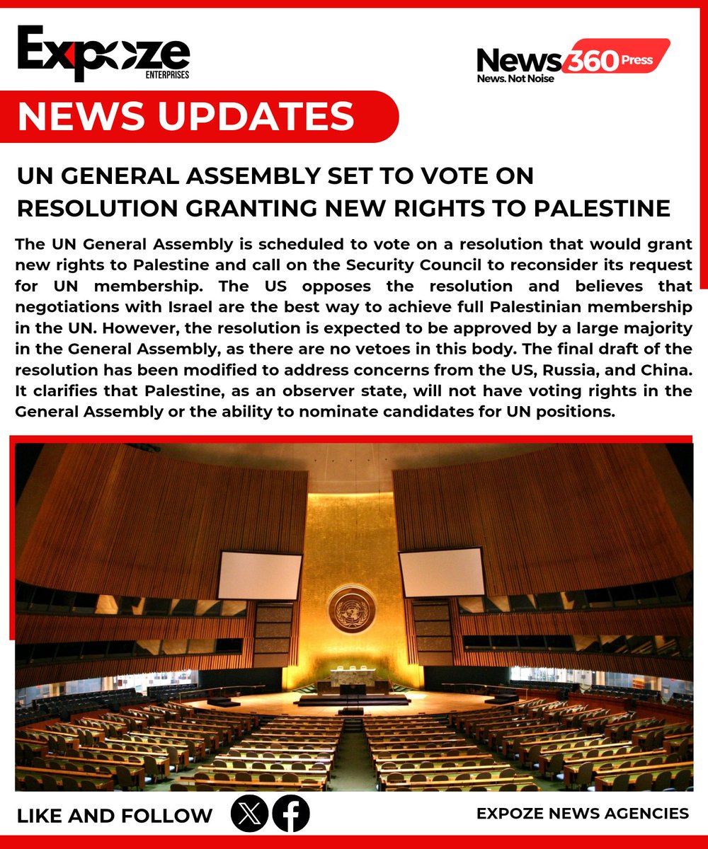 #Breaking: UN General Assembly Set to Vote on Resolution Granting New Rights to Palestine

#UNGA #ResolutionVote #PalestineRights #GlobalDiplomacy #InternationalRelations #PeaceProcess #MiddleEastPolitics #GlobalJustice #UnitedNations #PalestinianStatehood #InternationalCooperati