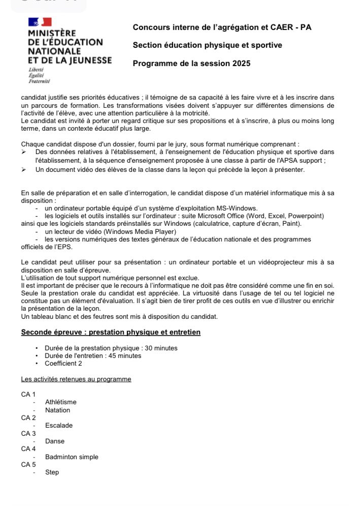 Le programme de la session 2025 de l’agrégation interne d’EPS est sorti : quelques changements à prévoir ! 
Bon courage à tous les candidats qui vont s’engager dans ce concours exigeant !!

devenirenseignant.gouv.fr/media/13950/do…