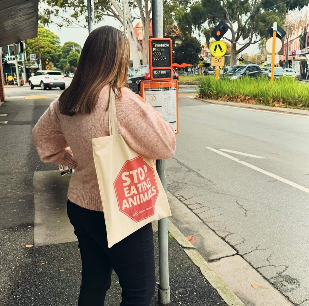 Our new tote spotted in the the wild! Take the #nomeatmay and #vegan message with you. Get yours and help our political fight for animals shop.animaljusticeparty.org