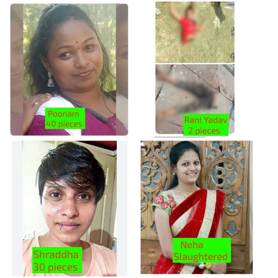 🔴 श्रद्धा ने आफताब को कबूला: 30 टुकड़ों मिली

🟠 पूनम को मोहम्मद निज़ाम से प्यार था: 40 टुकड़ों में मिली

🔴 नेहा ने मोहम्मद फैयाज को रिजेक्ट कर दिया: सरेआम मार दी गई

🟠 मोहम्मद फरियाद को लेकर भ्रमित थी रानी : दो टुकड़ों में मिली

स्वीकार करें या अस्वीकार करें परंतु सच्चाई यही