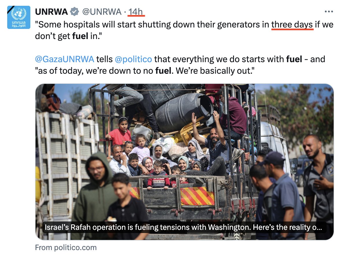 联合国中东救援工程处UNRWA 像个小丑满嘴胡言语无伦次，哈马斯火箭袭击加沙-以色列拉法关口后，救援车队停运。在四天前，UNRWA叫喊加沙只有一天的燃料(图1)，昨天UNRWA却叫喊有三天的燃料(图2)! 是否明天有十天的燃料? UNRWA曾造谣加沙马上要饿死几十万人，结果发现食物充足，居民拒绝领取更多食物。