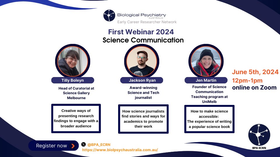 Biological Psychiatry Australia - ECRN (@bpa_ecrn) on Twitter photo 📣BPA ECRN Webinar - Science Communication📣
Please join us for our first webinar of the year on Science Communication, and hear from our outstanding line-up of guest speakers, @Tillsify, <a href="/dctrjack/">jr 🩻</a> and <a href="/scidocmartin/">A/Prof Jen Martin @scidocmartin.bsky.social</a>🗣️
Register and read speaker bios here👇
events.humanitix.com/bpa-ecrn-webin… 📣BPA ECRN Webinar - Science Communication📣
Please join us for our first webinar of the year on Science Communication, and hear from our outstanding line-up of guest speakers, @Tillsify, <a href="/dctrjack/">jr 🩻</a> and <a href="/scidocmartin/">A/Prof Jen Martin @scidocmartin.bsky.social</a>🗣️
Register and read speaker bios here👇
events.humanitix.com/bpa-ecrn-webin…