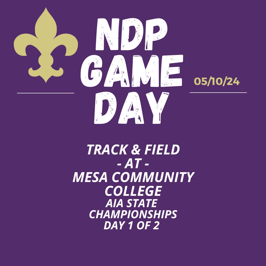 Today, NDP Track & Field heads to MCC for the AIA State Championships. Diego Herrera-Vendrell in the shot put and discus; Will Feagles in the high jump; Jazz Kinzel in the pole vault; Johana Krutzik is an alternate in the 300 hurdles. #GoSaints #reverencerespectresponsibility
