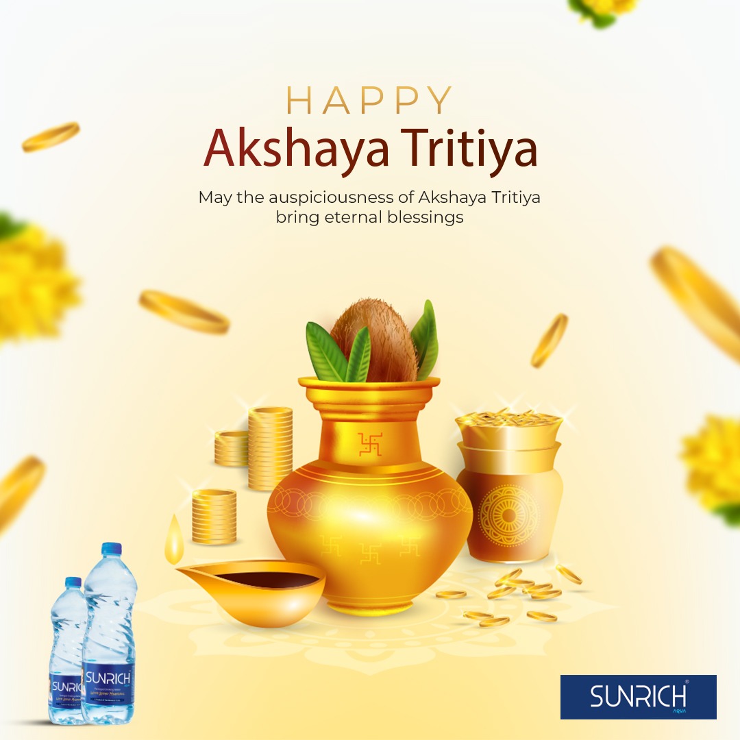 On this sacred day of Akshay Tritiya, may the blessings of prosperity, success, and happiness be showered upon you and your loved ones. May your life be as radiant and precious as gold, shining with abundance and joy.
.
.
#sunrichaqua #packageddrinkingwater #mineralwater