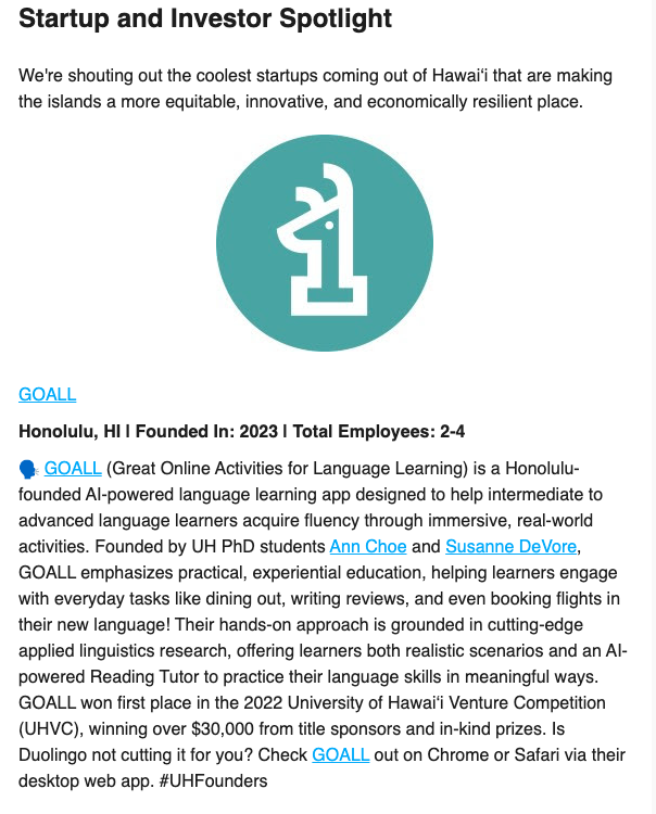 Thank you @ThriveHi for featuring GOALL in their newsletter! ✨🩷

#hawaii #honolulu #edtech #languagelearning #languageteaching #languages