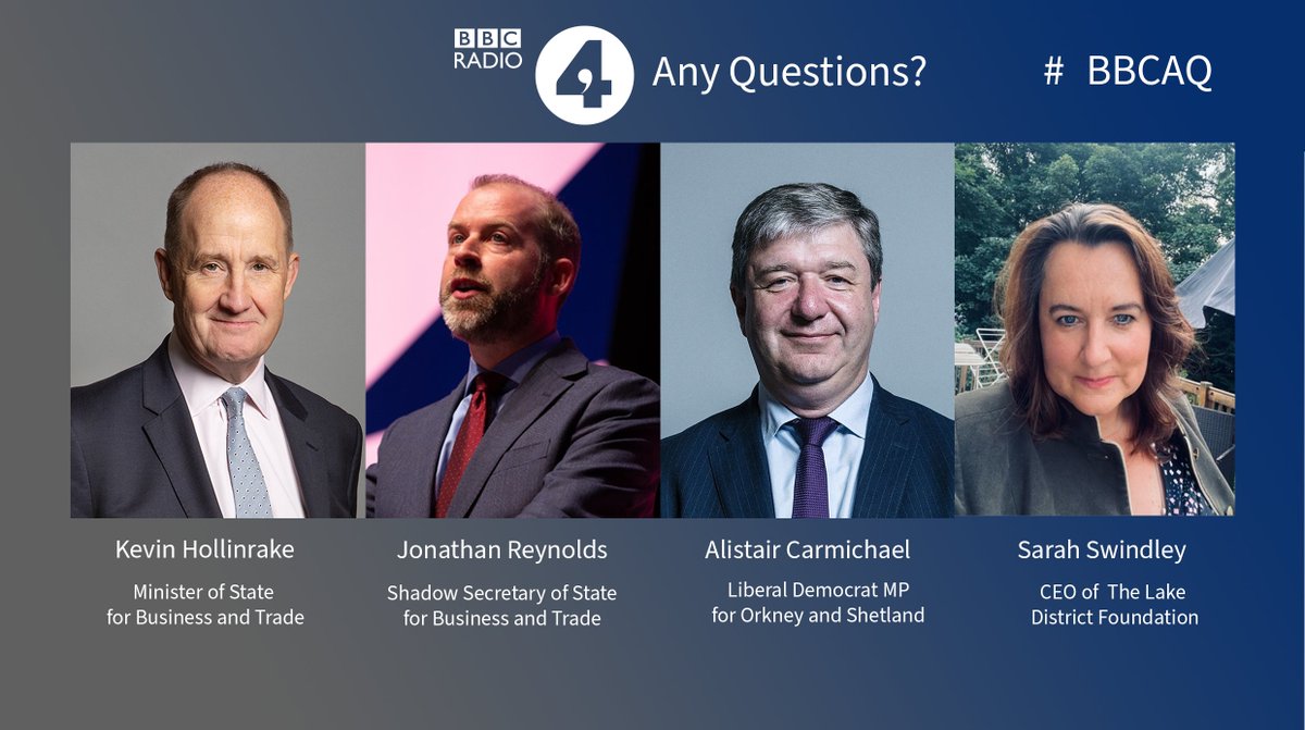 On tonight’s Any Questions, @AlexForsythBBC is joined in Sedbergh at St. Andrew’s Parish Church by Kevin Hollinrake, Jonathan Reynolds, Alistair Carmichael and Sarah Swindley. Listen 8pm Friday / 1.10pm Saturday on @BBCRadio4 on on demand on @BBCSounds.