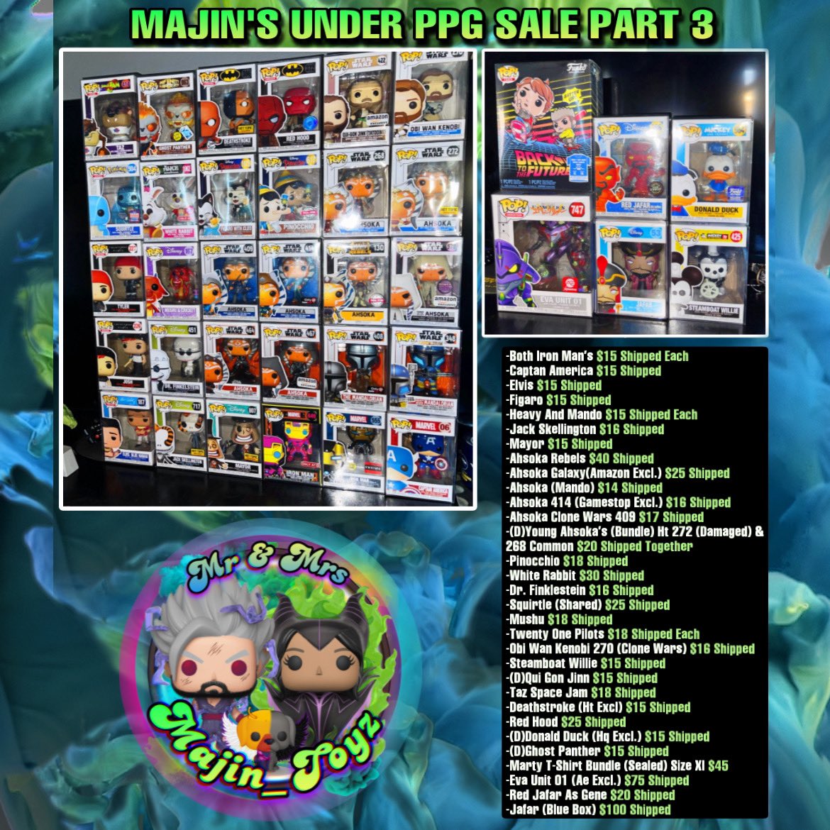 Majin’s Under PPG Sale! PT. 3 #funkofamily #funkosale Please be sure to check out the personal’s we are separating with! Be sure to RT with the Funko Fam All come in soft protectors! Shipping USA Only (sorry folks) Packaged with bubble wrap and care! Blue Box Jafar comes with a