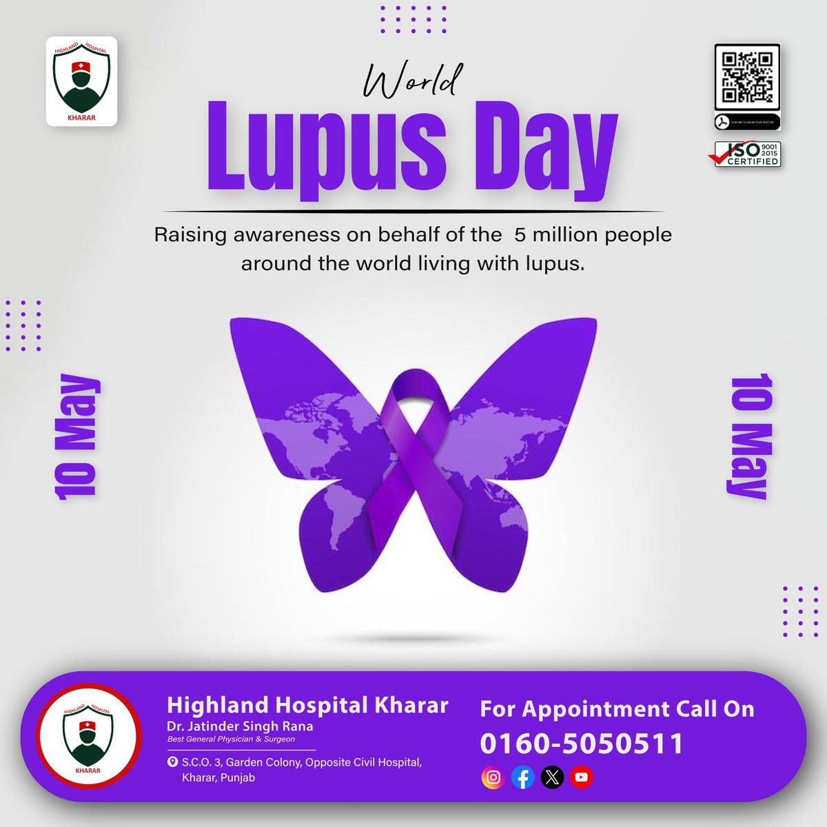 Today, on #WorldLupusDay, we at #HighlandHospitalKharar stand together in the fight against #Lupus. Let's raise awareness, educate, and support those living with this #disease. Together, we can make a difference.
.
#Kharar #Mohali #DrJatinderSingh #Besthospital #lupus #Healing