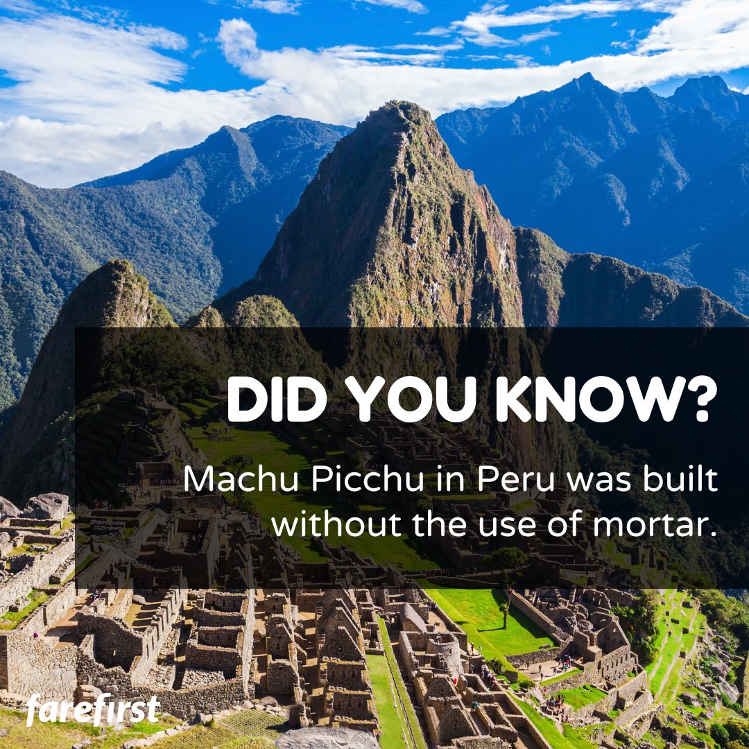 Fact of the day 🫢

Machu Picchu in Peru was built without the use of mortar.

#FareFirst #cheapflights #travel #wanderlust #vacation #explore #travelblog #exploretocreate