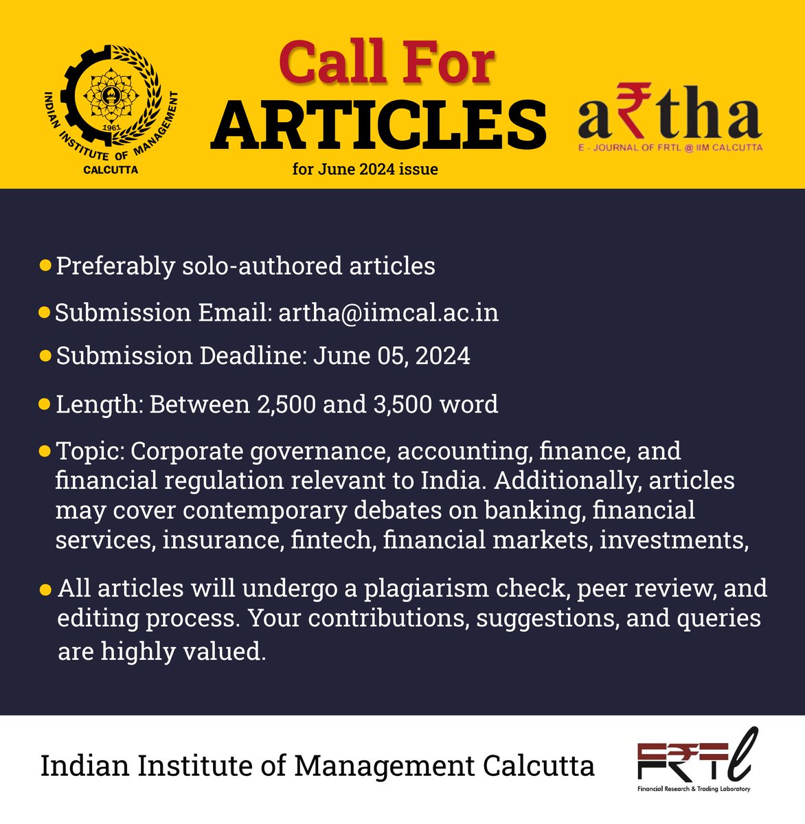 If topics like Corporate Governance, Accounting, Finance, and Financial Regulation intrigue you, kindly contribute towards writing articles for A₹tha's upcoming June 2024 issue published by the Finance Lab at IIMC. For detailed instructions, please read: loom.ly/jOyYhWQ
