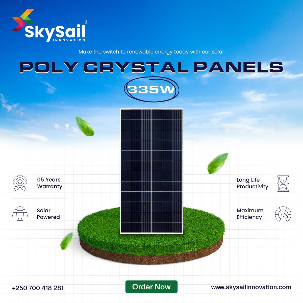 Ready to make the switch to renewable energy? ⚡️ Our solar Poly Crystal Panels, offering 335W, are the perfect choice for powering your sustainable lifestyle. Start reducing your carbon footprint today! #SkySailInnovation #RenewableEnergy #SolarPower #SustainableLiving