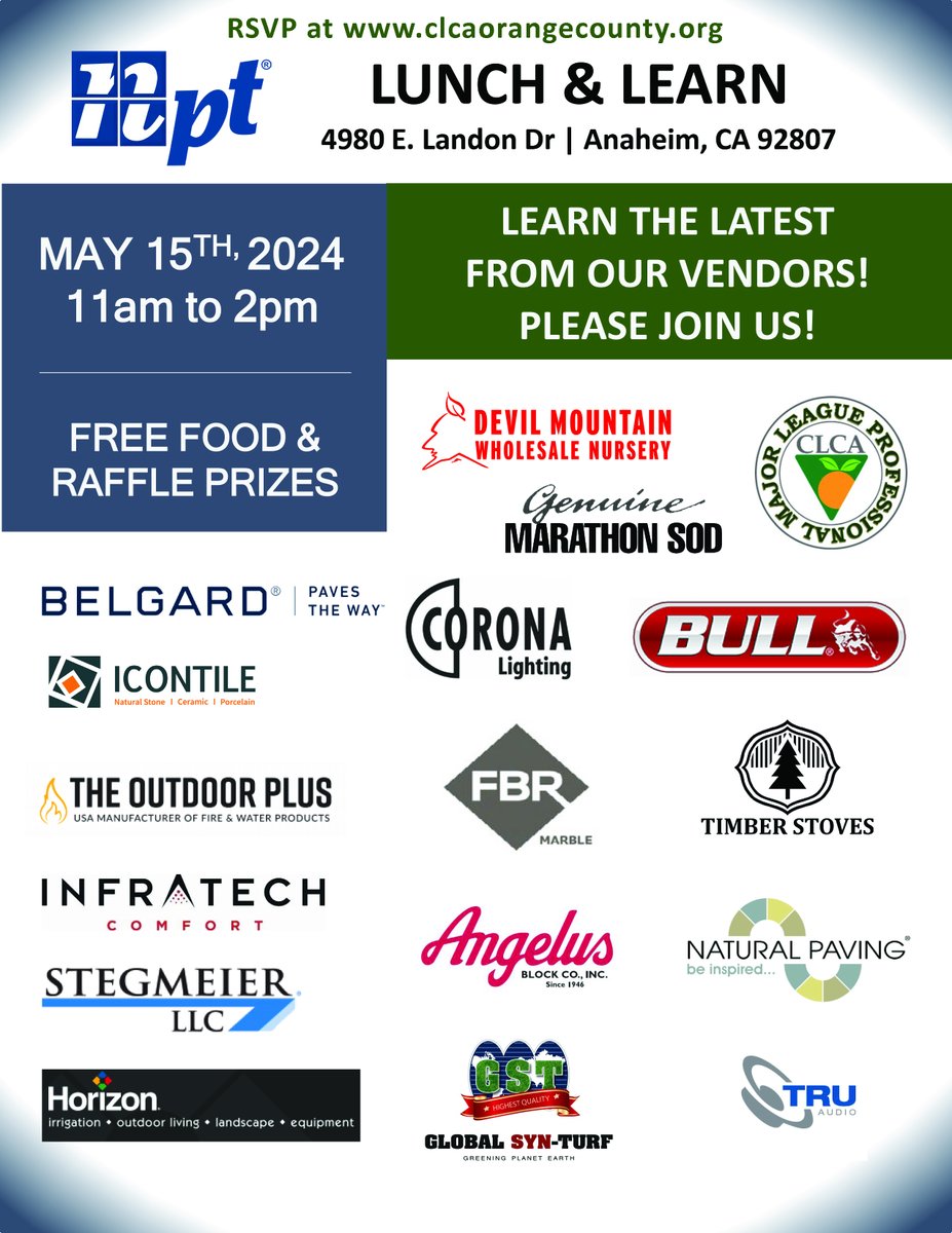 CLCAOCChapter's tweet image. Join us Wednesday, May 15th from 11am to 2pm to learn the latest &amp;amp; greatest from our amazing Vendors.  For more information &amp;amp; to RSVP, please visit: clcaorangecounty.org TODAY! #clcaorangecounty #clcaoc #clca #clcaofficial #landscapecontractors #greenindustryprofessionals