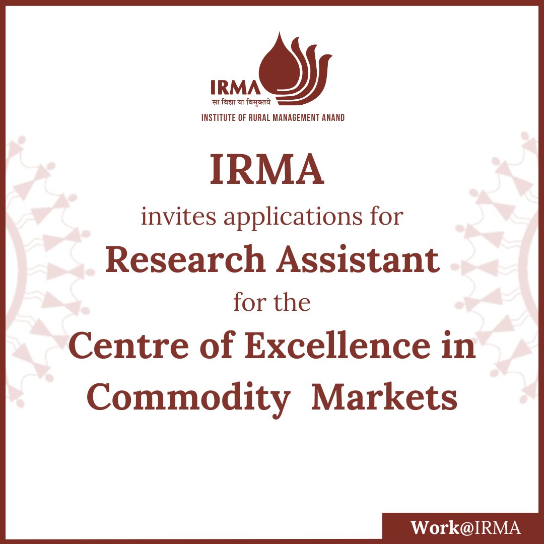 IRMA invites applications to the post of Research Assistant in the Centre of Excellence in Commodity Markets, a significant collaboration between IRMA and NCDEX.
For more information and to apply, please visit
irma.ac.in/careers/career…
#VacancyAlert #JobAlert #ResearchAssistant