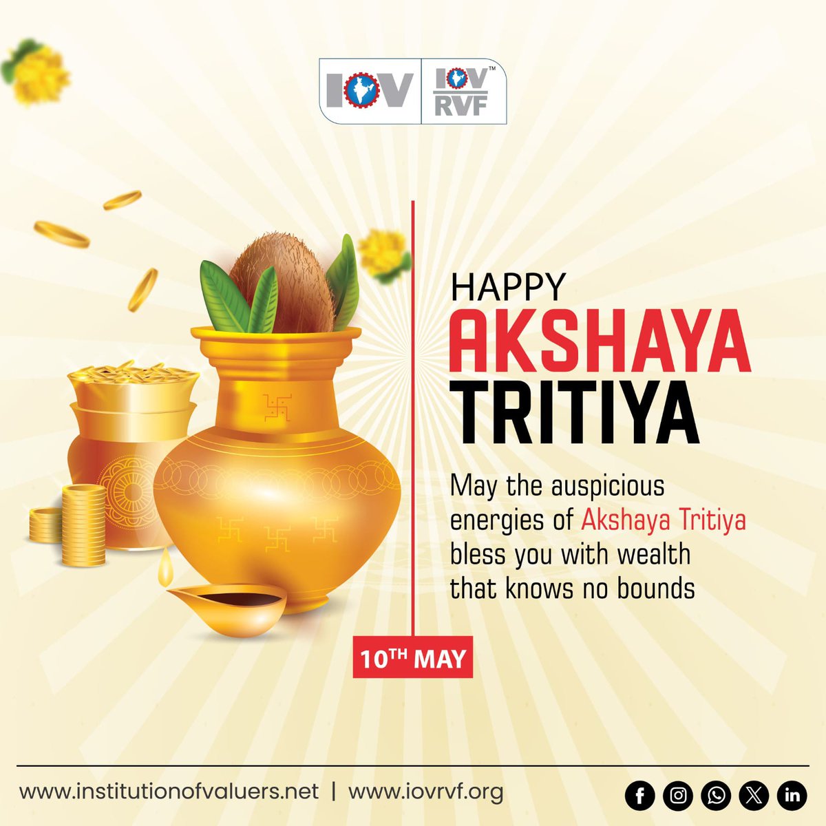 May the auspicious occasion of Akshaya Tritiya bless you with prosperity, success, and endless opportunities. Wishing you abundance and happiness today and always 😊 #akshayatritiya2024 #AkshayaTritiya #अक्षय_तृतीया #Prosperity #blessings #HappyAkshayaTritiya #india #IOV #IOVRVF