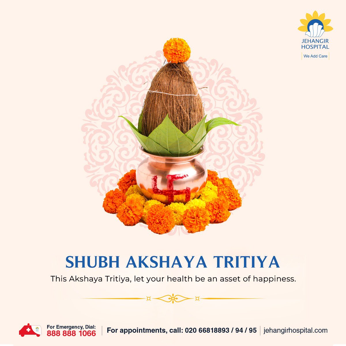 On this auspicious occasion of Akshay Tritiya, we extend our warmest wishes to all those celebrating. May this day bring you and your loved ones an abundance of prosperity, success, and good fortune. Happy Akshay Tritiya!

#JehangirHospital #HealthcareServices  #AkshayTritiya