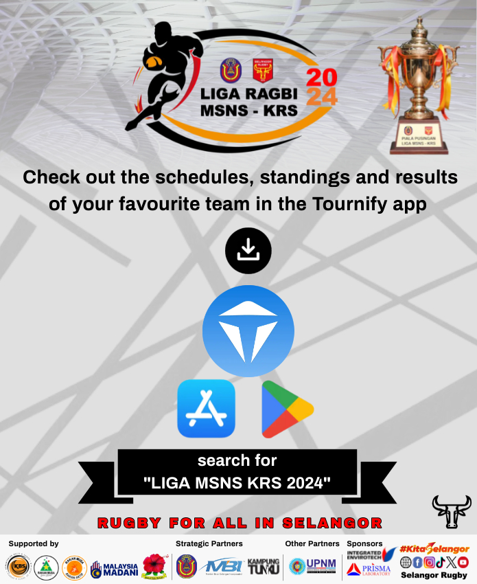 🏆 LIGA MSNS - KRS 2024 Please download Tournify Apps for the Liga fixtures and results 🙏🏻🙏🏻🙏🏻 @KBSMalaysia @MSNSelangor @MBISelangor @LimYiWei4MY @upnm @MalaysiaRugby #LigaKRS #rugbyforallinselangor #KitaSelangor #gpskbs #rakanmuda