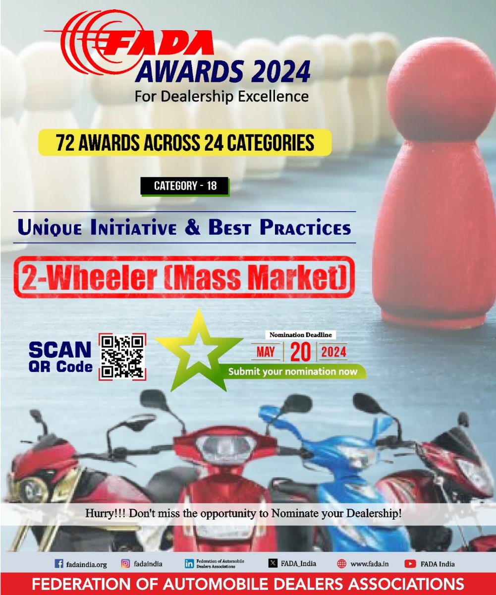 Nominations are LIVE for the FADA Dealership Excellence Awards 2024 in the Unique Initiative & Best Practices in 2-Wheeler (Mass Market) category. 🔗 Nominate Now: fada.in/event-details.… #FADA #ONOA #FADAAwards2024 #AutomobileExcellence #NominationsOpen #GameChangers