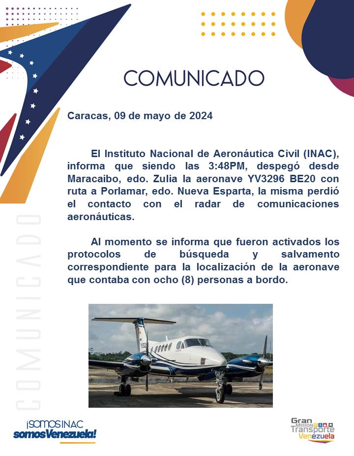 #AccidenteAéreo de un #Beechcraft #KingAir #Be200 (YV3296). Despegó a las 3:48 PM de ayer 9 de Mayo, desde #Maracaibo a#Porlamar en #Venezuela. 8 ocupantes a bordo. Pudo estrellarse en el Lago Maracaibo. Está desaparecida. Había 2 menores de edad a bordo del avión. 09-05-24