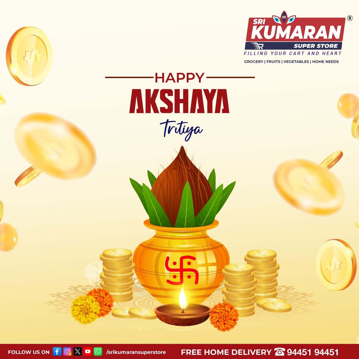 Happy Akshaya Tritiya! May this day fill your life with prosperity, happiness, and success! 💎💰

#AkshayaTritiya  #akshayatritiya2024  #Prosperity #Abundance #Wealth #GoodFortune #NewBeginnings #Celebration #JoyfulTimes #srikumaransuperstore #pollachi #grocery #supermarket