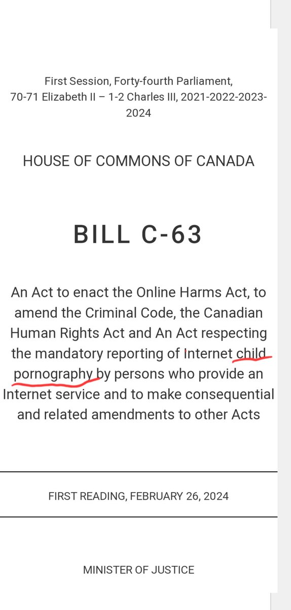 Bill C-63 is about stopping child abuse online and holding services that allow the distribution of CP accountable. 

You should wonder why <a href="/elonmusk/">Elon Musk</a> is against it. And why <a href="/newstart_2024/">Camus</a> lies about its content attempting to discredit it.
